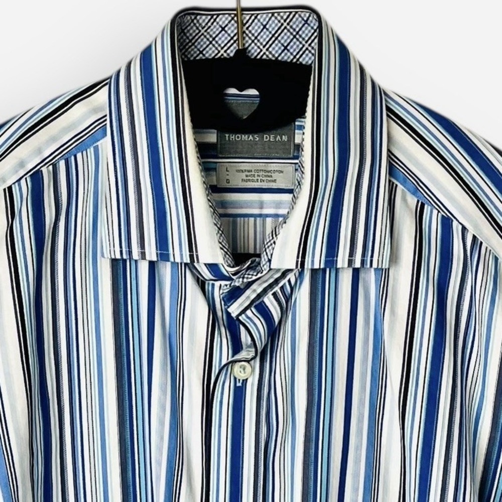 Thomas Dean Men's Dress Shirt Long Sleeve Button Up Large Blue Stripe‎